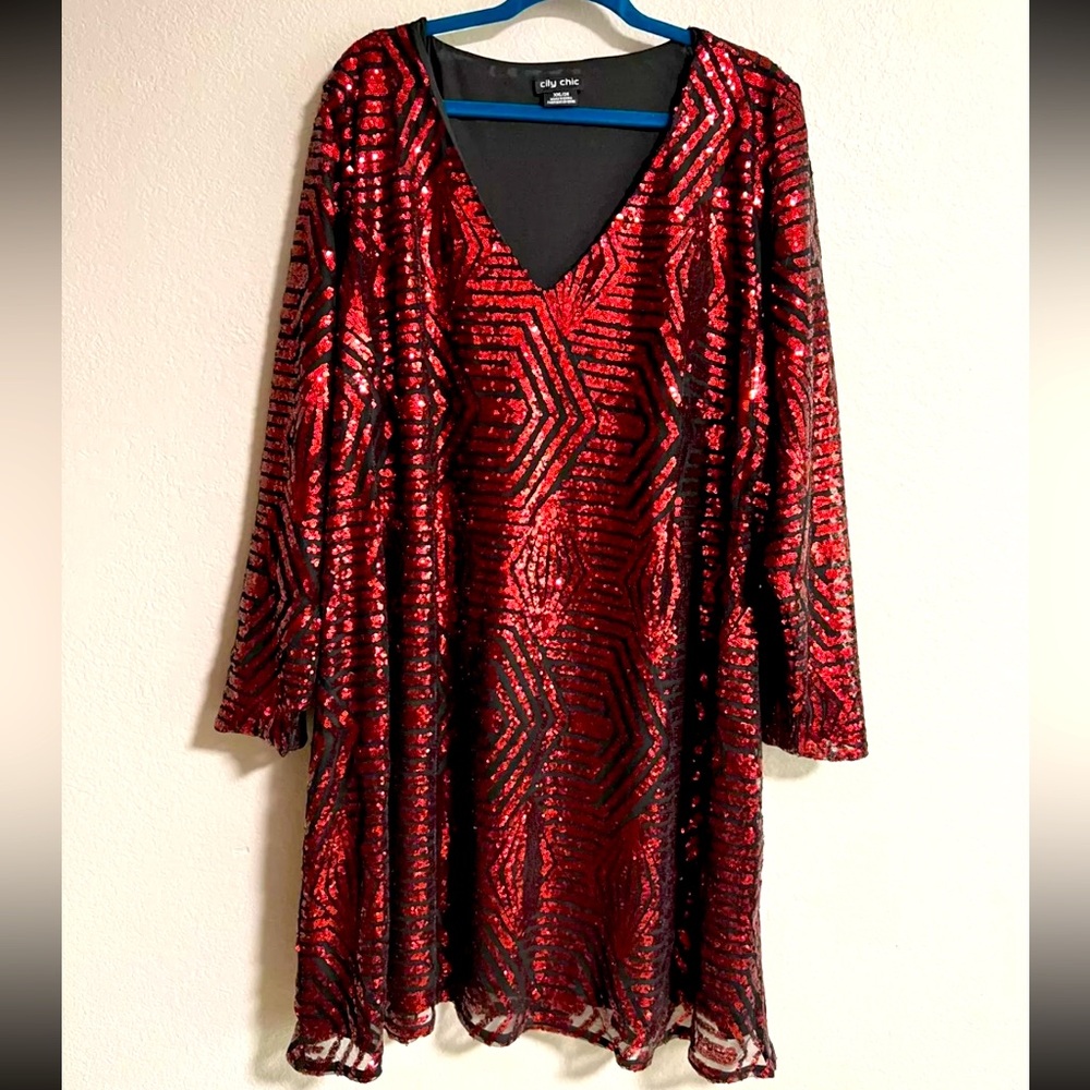 City Chic Red Sequin Bright Lights sheath style Dress - ruby red Size 24 - XXL